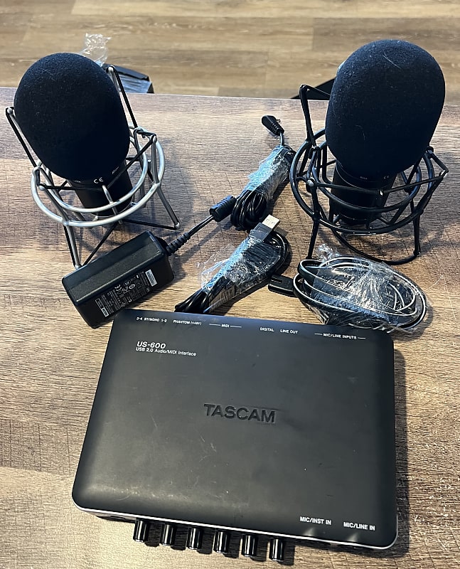 TASCAM US-600 USB 2.0 Audio/MIDI Interface W 2 Audio-Technica AT2020 P48 Microphones  			
