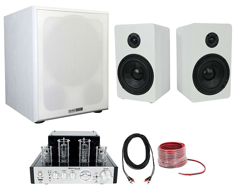 Rockville BluTube Amplifier Home Receiver+5.25" White Bookshelf Speakers+12" Sub image 1