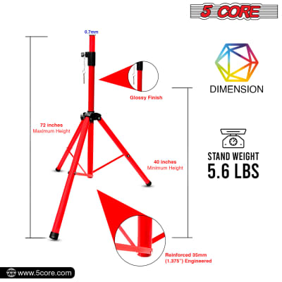 5 Core Speaker Stand Tripod 2 Pieces Heavy Duty PA DJ Speakers Pole Mount Stands Professional with Mounting Bracket Height Adjustable 40 to 72 Inch Red  SS HD 2 PK RED image 2