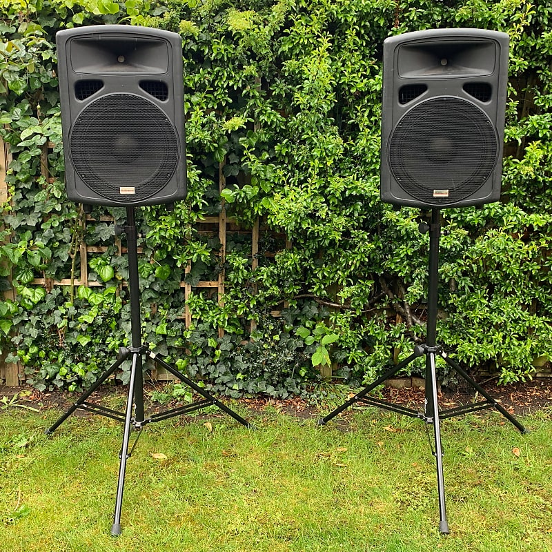 Pair of Active PA Speakers 300+100W with cables and stands | Reverb UK