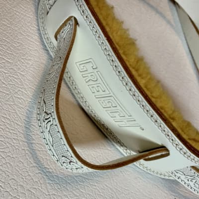 1" Gretsch Tooled Custom Padded Leather Guitar Strap White Jeweled ~50-55" image 3