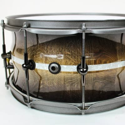 HHG Drums 14x7 Contoured White Oak Stave Snare Drum, High Gloss Whisky Burst with White Marine Pearl image 3