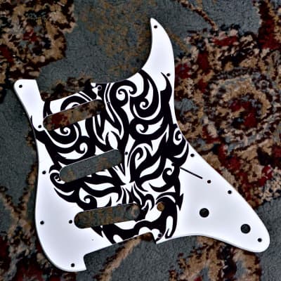 Q-Parts Strat-style Pickguard Evil Mask 11 Hole - White with Black Mask for sale