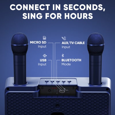 MASINGO Karaoke Machine for Adults and Kids with 2 UHF Wireless Microphones, Portable Bluetooth Singing Speaker, Colorful LED Lights, PA System, Lyrics Display Holder & TV Cable - Presto G2 Blue image 4