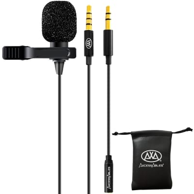 AxcessAbles Lavalier Clip-On Microphone with 5ft TRRS 3.5mm Cable and Adapter | Omnidirectional Condenser Lapel Microphone for Audio Recording| AxcessAbles Lav Mic image 1