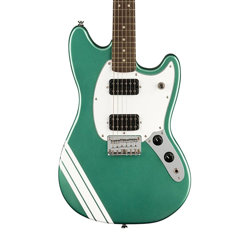 Squier FSR Bullet Competition HH Mustang Guitar w/ Olympic White Stripes,  Laurel FB, Sherwood Green