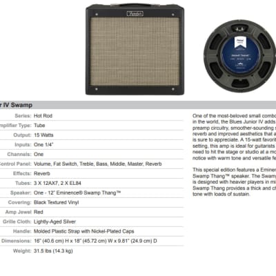 Fender Blues Junior IV 12-inch 15-watt Tube Combo Amp - Eminence Swamp Thang Speaker image 10
