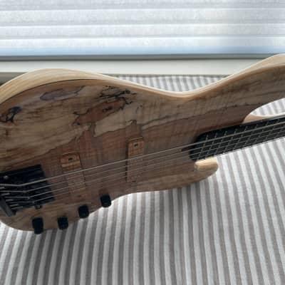 MG Bass MGBASS JB1 SPALTED MAPLE 5-string bass, Made in USA, SPALTED MAPLE top, ASH body, 3-piece MAPLE neck, EBONY fretboard, BARTOLINI pickups and preamp, Italia Leather Straps 4” wide Acorn Amber strap, GATOR hardshell case image 11