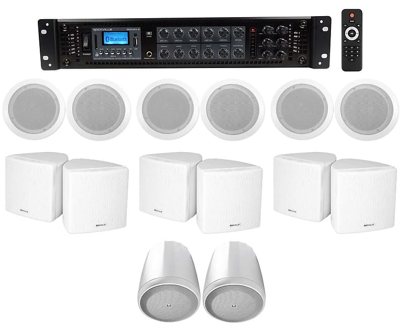 6-Zone Home Audio Receiver+(6) 3.5&quot; White Cube+(2) JBL Pendant+Ceiling Speakers  			