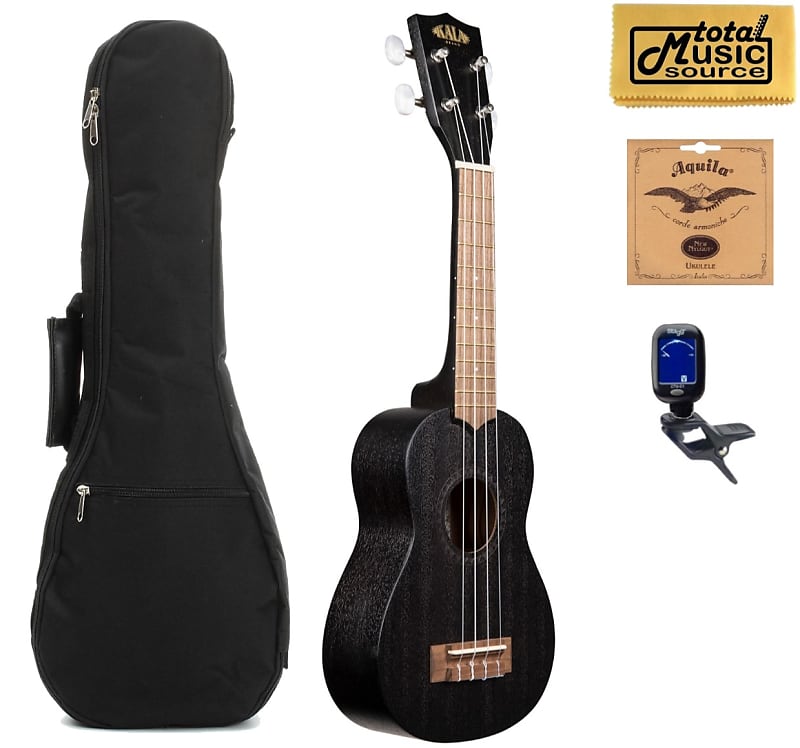 Kala KA-15S BLK Satin Mahogany Soprano Ukulele (Black), Pro Bundle