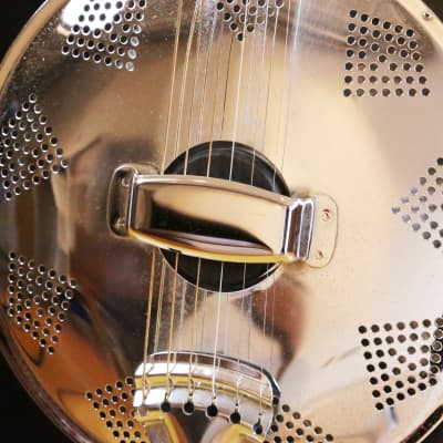1980s Vintage Regal Resonator Acoustic Guitar Round Neck with F Holes Black & White Binding OHSC image 8