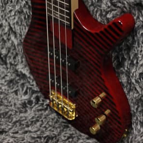 Defrancesco 4 string bass, red & black stripes, bird inlays, Jazz pickups + hard shell case image 4