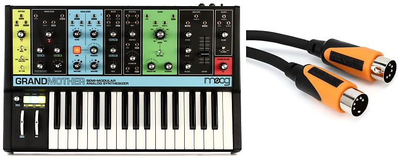 Moog Grandmother Semi-Modular Analog Synthesizer and Step Sequencer Bundle  with Roland RMIDI-B5 Black Series MIDI Cable - 5 foot