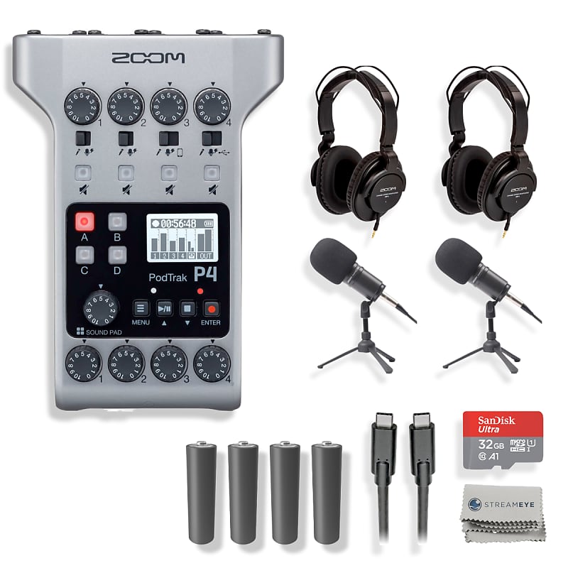 Zoom PodTrak P4 Portable Podcast Recorder with 2x Zoom ZDM-1