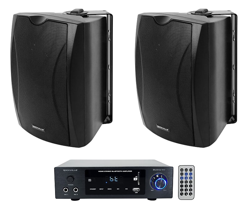 Rockville BLUAMP 150 Stereo Bluetooth Amplifier Receiver+2) Black Patio Speakers image 1