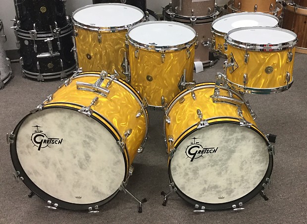 Gretsch USA Custom 12/14/16/18/20/5.5 drum set 130th anniversary New Old Stock Gold Satin Flame image 1