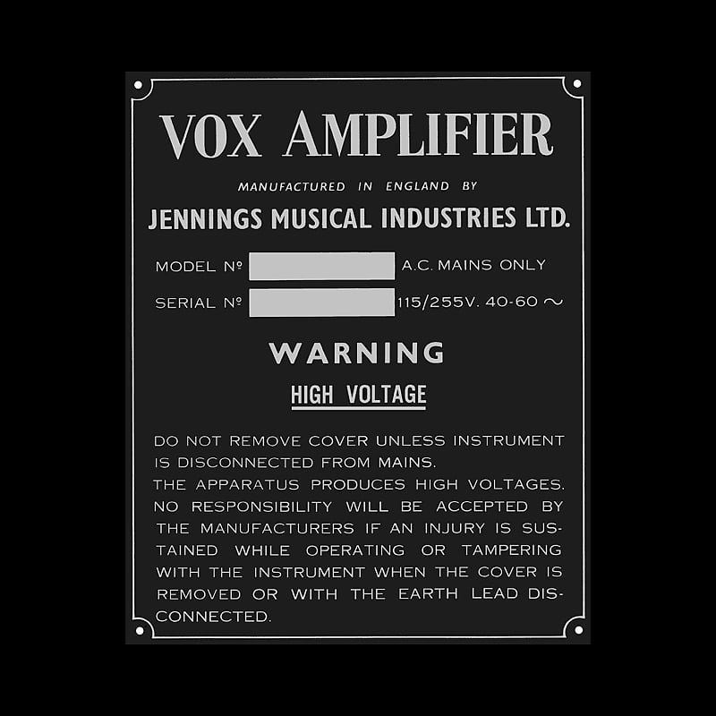 Vox (JMI) Reproduction "Collector Grade" Reproduction Serial Plate image 1