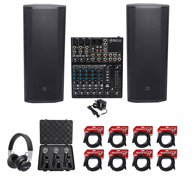 (2) JBL Pro PRX825W Dual 15” 3000w Powered Speakers+Mackie Mixer+Headphones+Mics image 1