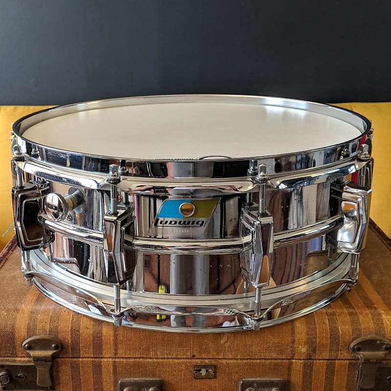 Ludwig No. 400 Supraphonic 5x14" Aluminum Snare Drum with Pointed Blue/Olive Badge 1969 - 1979 image 3