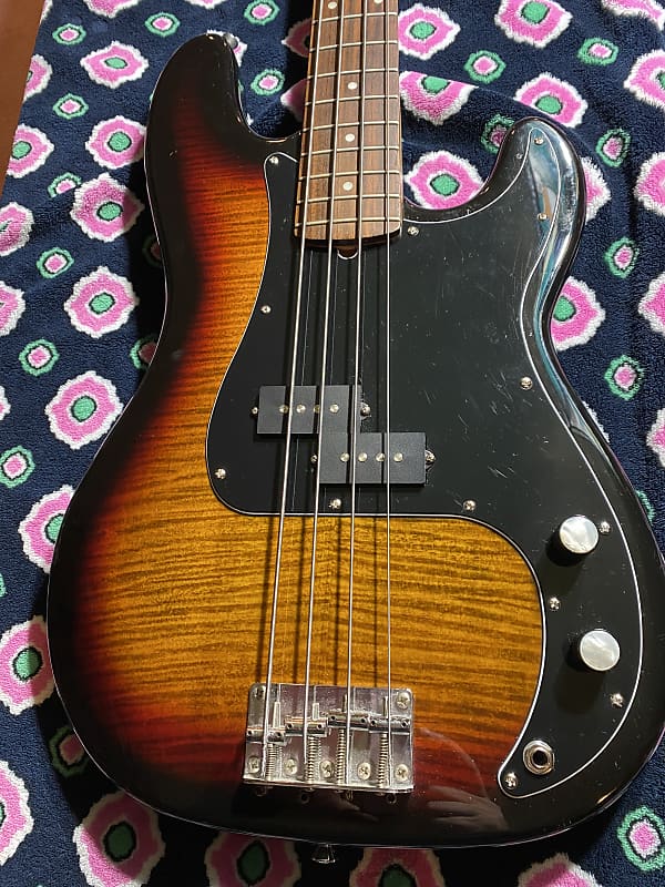Partscaster Precision Bass 3 Color Sunburst Tiger Flame Maple Reverb