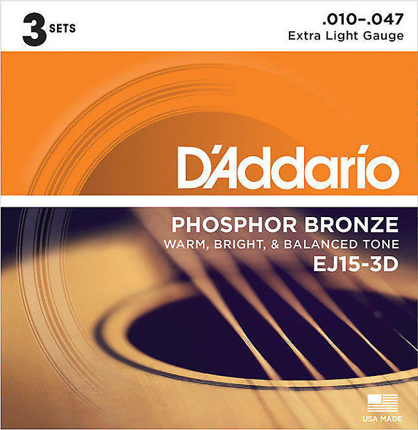 D'Addario EJ15-3D Phosphor Bronze Acoustic Guitar Strings 3-Pack, Extra Light Gauge image 1