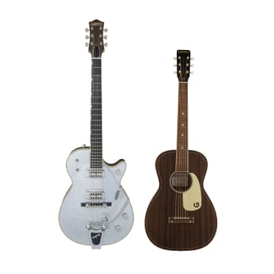 Gretsch G6129T-59 Vintage Select '59 Jet 6-String Solid Body Electric Guitar - Right-Handed (Silver Sparkle) Bundle with Gretsch G9500 Jim Dandy Acoustic Guitar (Frontier Stain) (2 Items) for sale
