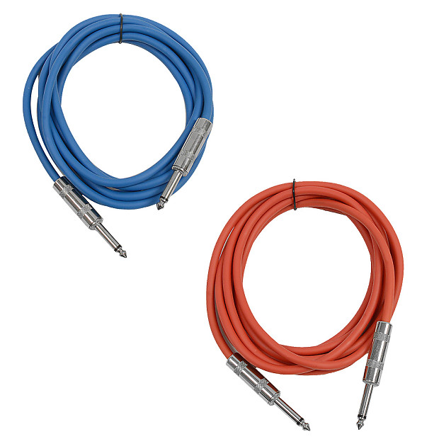2 Pack of 10 Foot 1/4" TS Patch Cables 10' Extension Cords Jumper - Blue & Red image 1