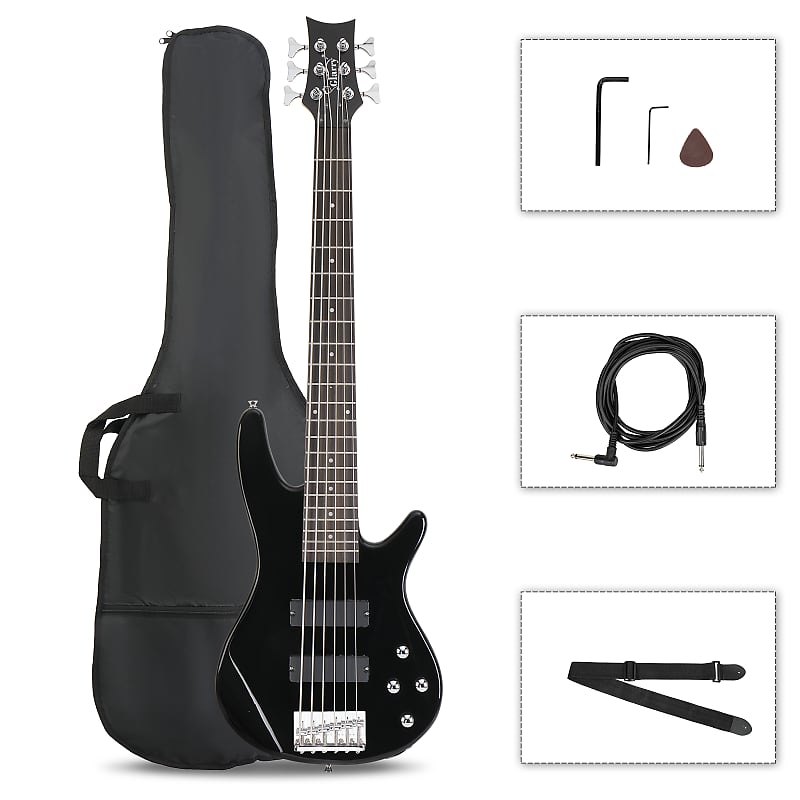 Glarry Full Size GIB 6 String H-H Pickup Electric Bass Guitar Bag Strap Pick Connector Wrench Tool 2020s - Black image 1