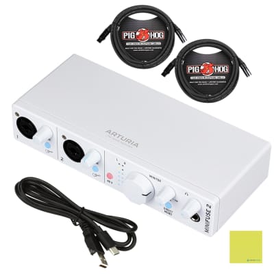 Arturia MiniFuse 2 Flexible Dual USB-C Audio Interface, White w/ 2-Pack Pig Hog PHM10 8mm XLR Microphone Cable and Liquid Audio Polishing Cloth