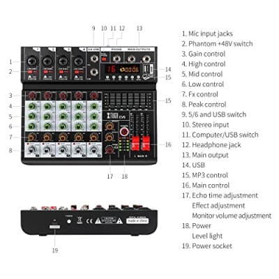 XTUGA EV6 Professional 6 Channel Audio Mixer with 16 DSP Effects,7-band EQ,Independent 48V Phantom PowerBluetooth Function,USB Interface Recording for Studio/DJ Stage/Party/Home Recording image 9