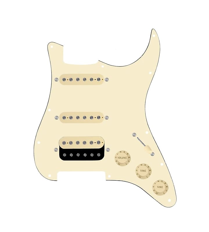 920D Custom HSS Loaded Pickguard For Strat With An Uncovered Roughneck Humbucker, Aged White Texas Growler Pickups, Black Knobs, and Aged White Pickguard image 1
