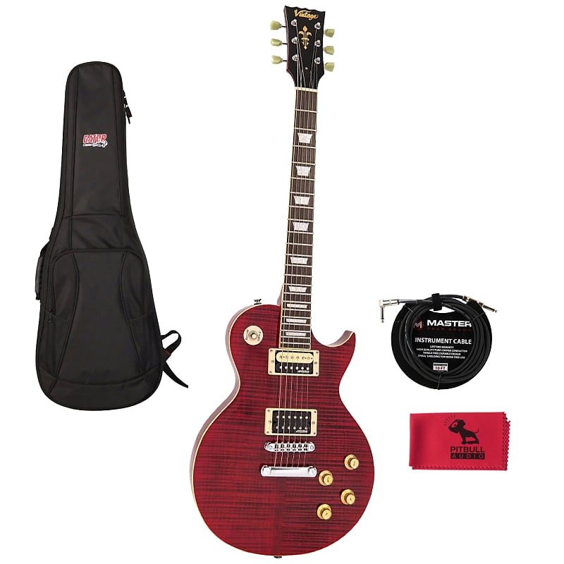 Vintage V100T ReIssued Guitar, Trans Wine Red w/ Gig Bag, Cable