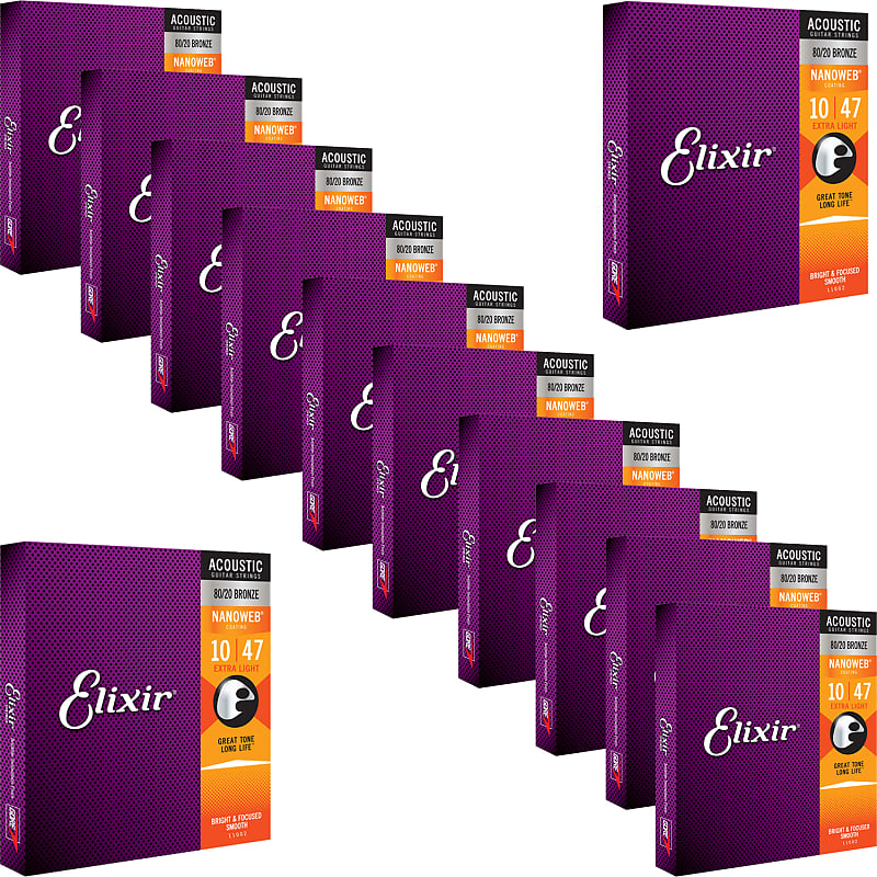 12 Sets of Elixir 11002 NANOWEB 80/20 Bronze Extra Light | Reverb