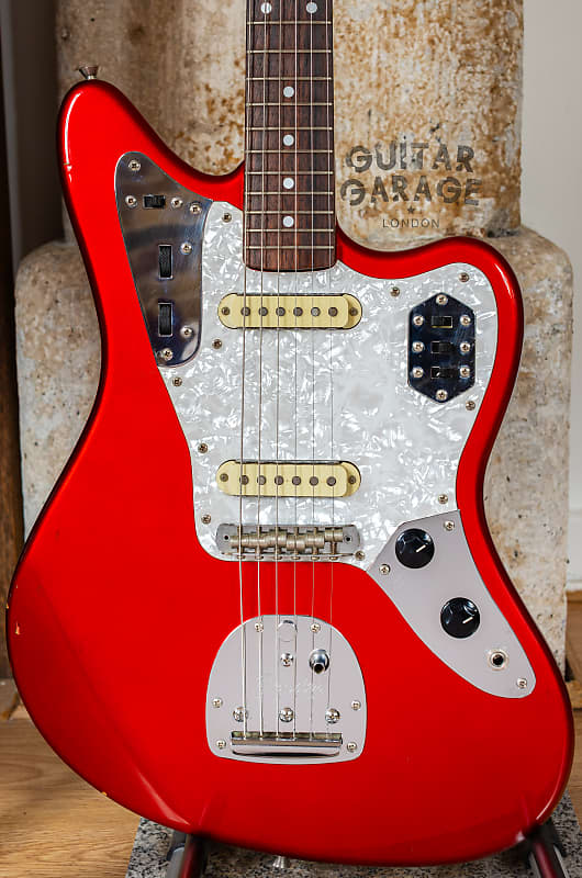 1997 Fender Japan Jaguar 66 Vintage Reissue Candy Apple Red matching  headstock offset guitar - CIJ