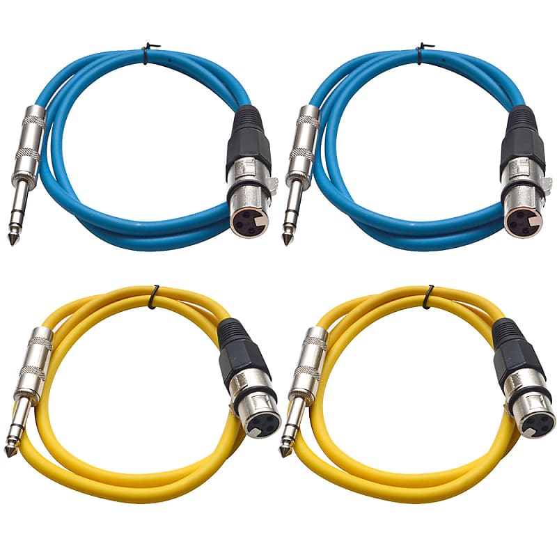 4 Pack of 1/4 Inch to XLR Female Patch Cables 2 Foot Extension Cords Jumper - Blue and Yellow image 1
