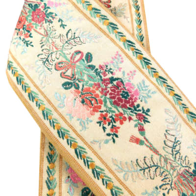 Victorian Floral Jacquard Handmade Guitar Strap in Shades of Cream, Green, and Pink, image 3