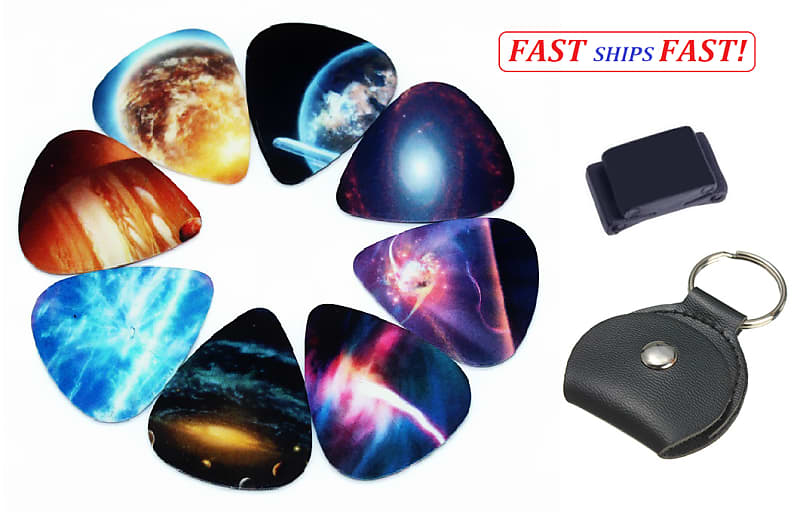 Medium Thickness Guitar Picks 0.71mm. Space Universe Images 10 Pcs. + Picks Holders. Fast Shipping! image 1