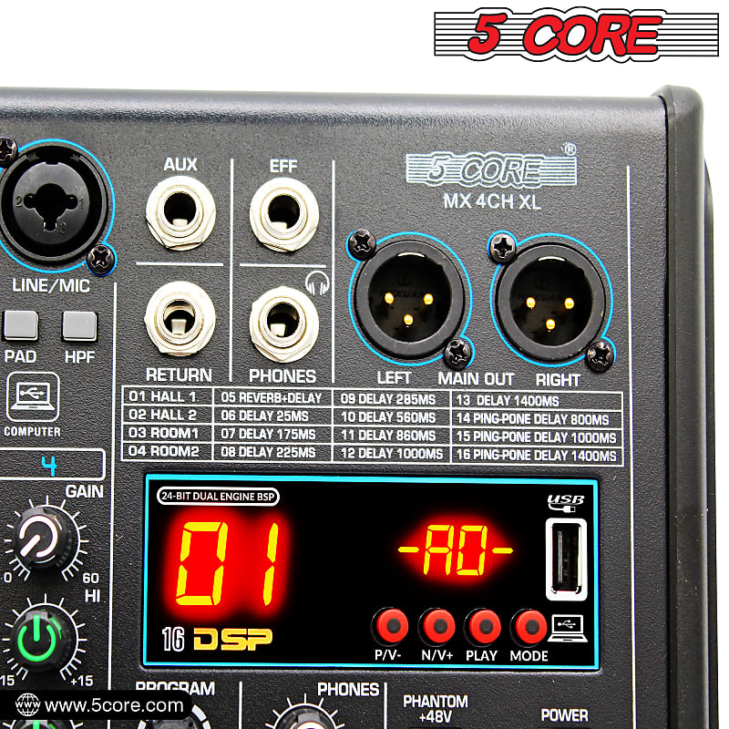 5 Core U4 Portable Mini Mixer 4 Channel Audio DJ Console with Sound Card, USB, 48V Phantom Power for PC Recording MX 4CH