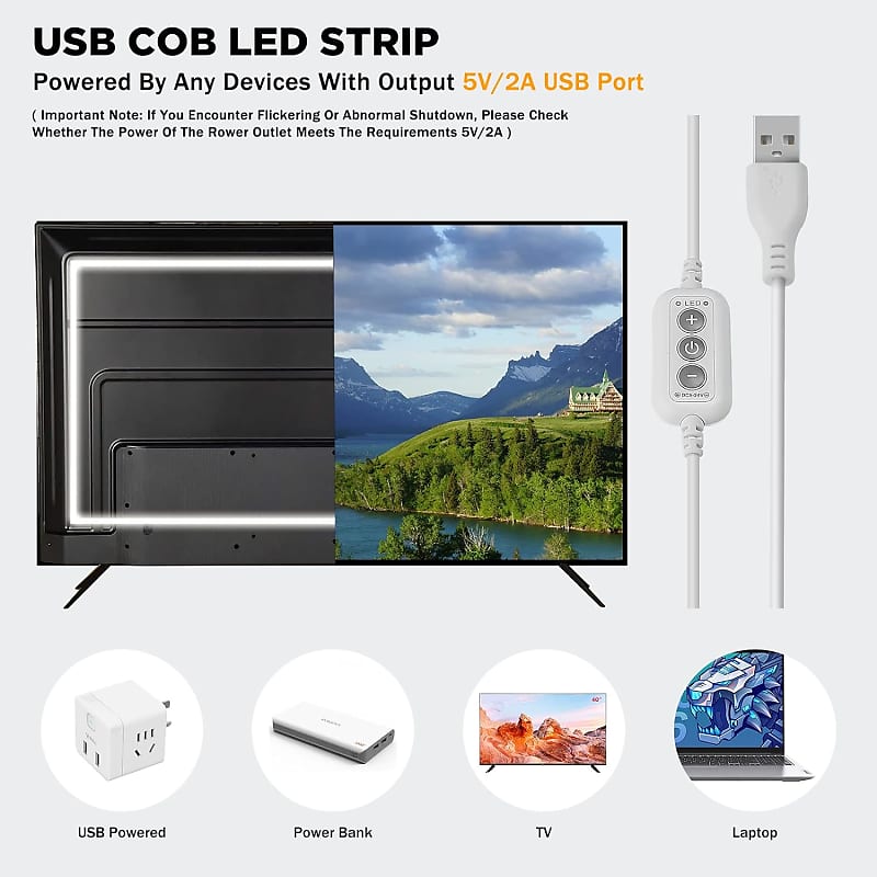 USB COB LED Strip Lights 4.92ft/1.5m,5V 480LEDs 1200lm Dimmable COB LED Light Strip 5000K Daylight White CRI90 USB TV Backlight,Flexible Under