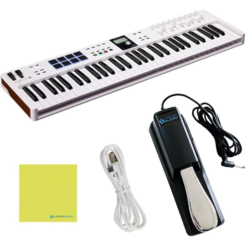 Arturia KeyLab Essential 61 61-key Keyboard Controller Bundle w/ Deluxe  Sustain Pedal, USB Cable & Liquid Audio Polishing Cloth (4 Items)