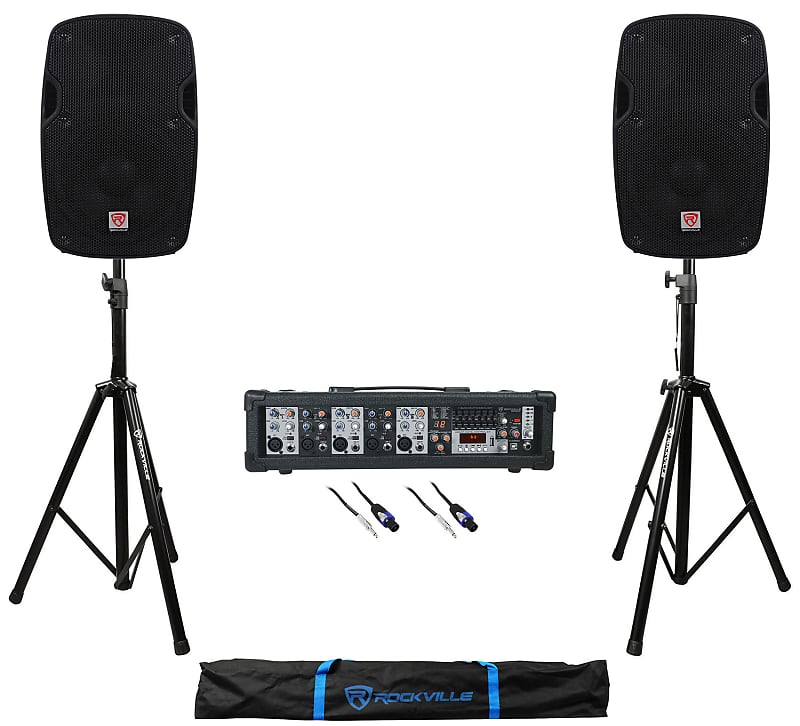 (2) Rockville SPG88 8" 400w DJ PA Speakers+5-Channel Powered Mixer+Stands+Cables image 1