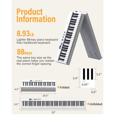 Folding Piano Keyboard, 88 Key Full Size Semi-Weighted Foldable Keyboard Piano, Portable Bluetooth Electric Piano With Sheet Music Stand, Sustain Pedal And Piano Bag - White image 6