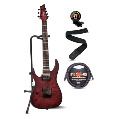 Schecter Sunset-7 7-String Electric Guitar (Left-Handed, Scarlet Burst) with Stand, and Accessories for sale