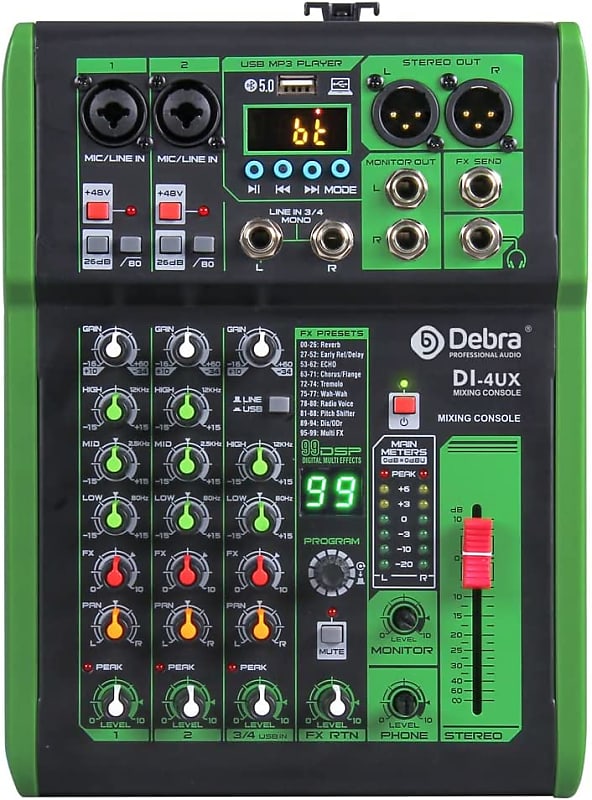 99 effects Debra DI 4 Mono-Channel DJ / Karoake / Live Mixer w MP3 player, Bluetooth, & USB Soundcard image 1