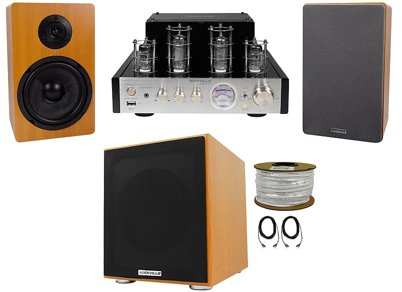 Rockville BluTube Bluetooth Tube Amplifier+6.5&quot; Wood Bookshelf Speakers+8&quot; Sub  			