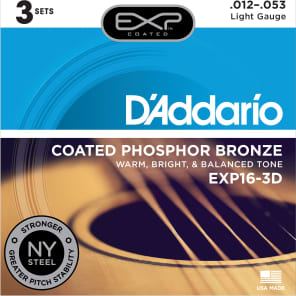 D'Addario EXP16-3D Coated Phosphor Bronze Acoustic Guitar Strings - Light (12-53) 3-Pack