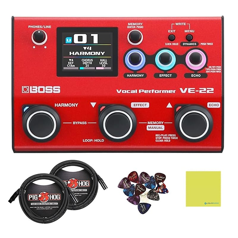 Boss VE-22 Vocal Performer Bundle w/ 2-Pack Pig Hog PHM10 8mm Mic Cable, 12-Pack Guitar Pick and Liquid Audio Polishing Cloth image 1