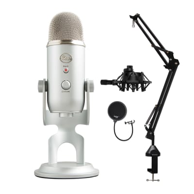 Blue Yeti Microphone (White Mist) with Boom Arm Stand, Pop Filter & Shock  Mount
