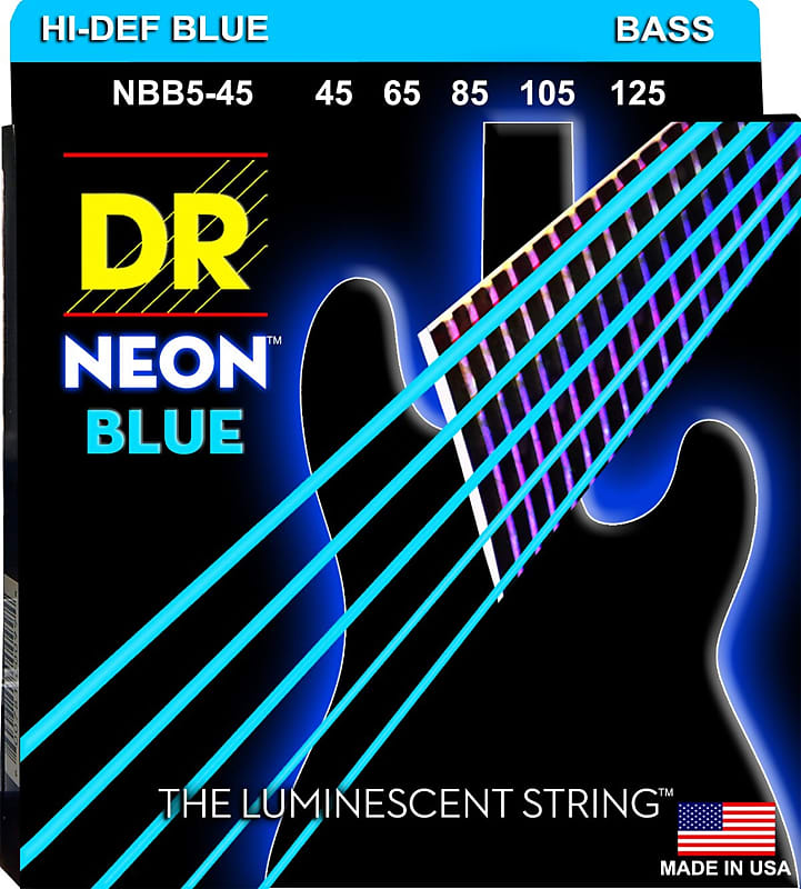 DR NBB5-45 5 string Hi-Def Neon Blue Coated Bass Guitar Strings 45-125 MED 2016 Neon Blue image 1
